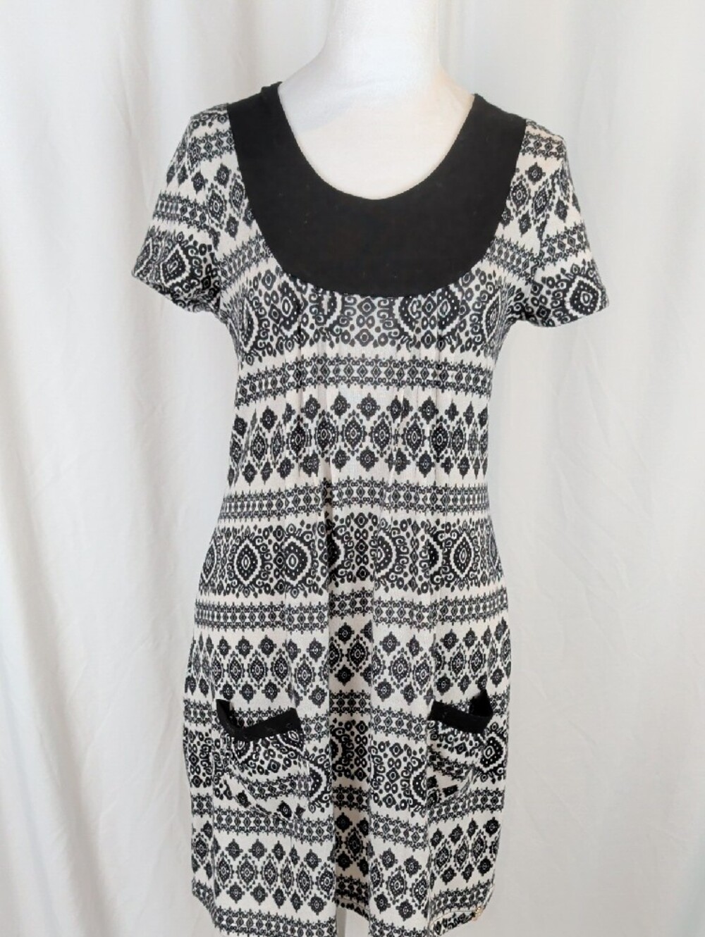 Coco & tashi Black White Geometric Tribal Print Tunic Dress with Pockets Size M